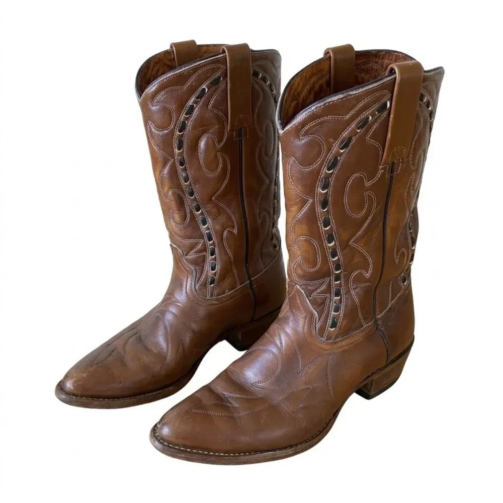 Vintage Durango West Brown Leather Cowboy Boots Mens 8 D 1970s Whipstitch Wester